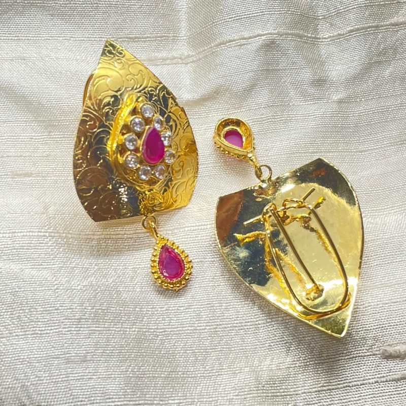 Gold Monstera Leaf Earrings in Red - Image 3