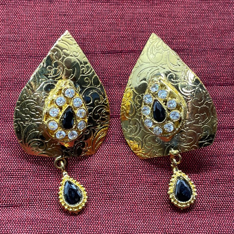 Gold Monstera Leaf Earrings in Blue - Image 3