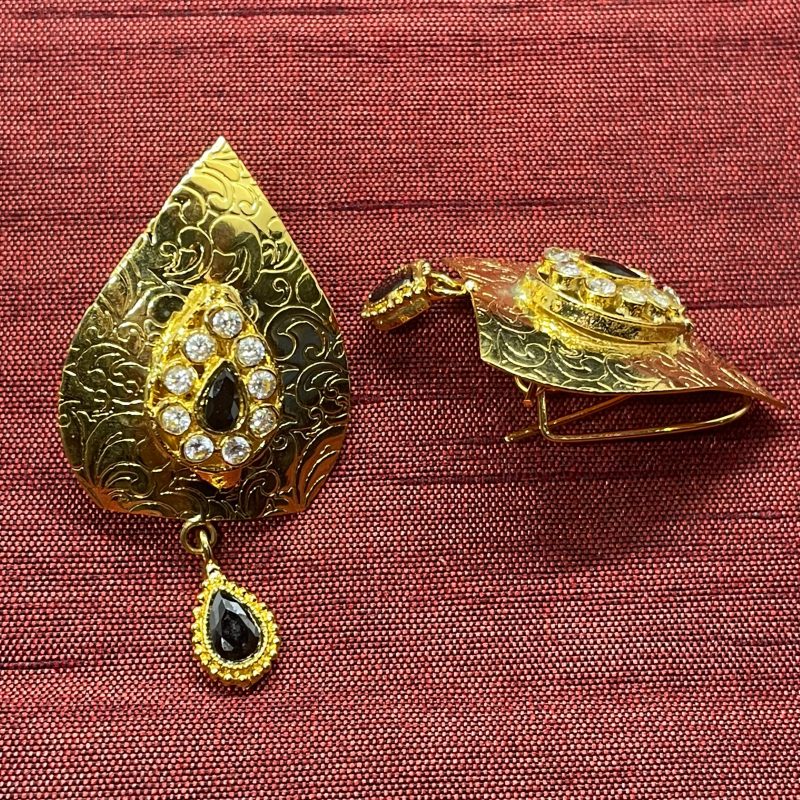 Gold Monstera Leaf Earrings in Blue - Image 2