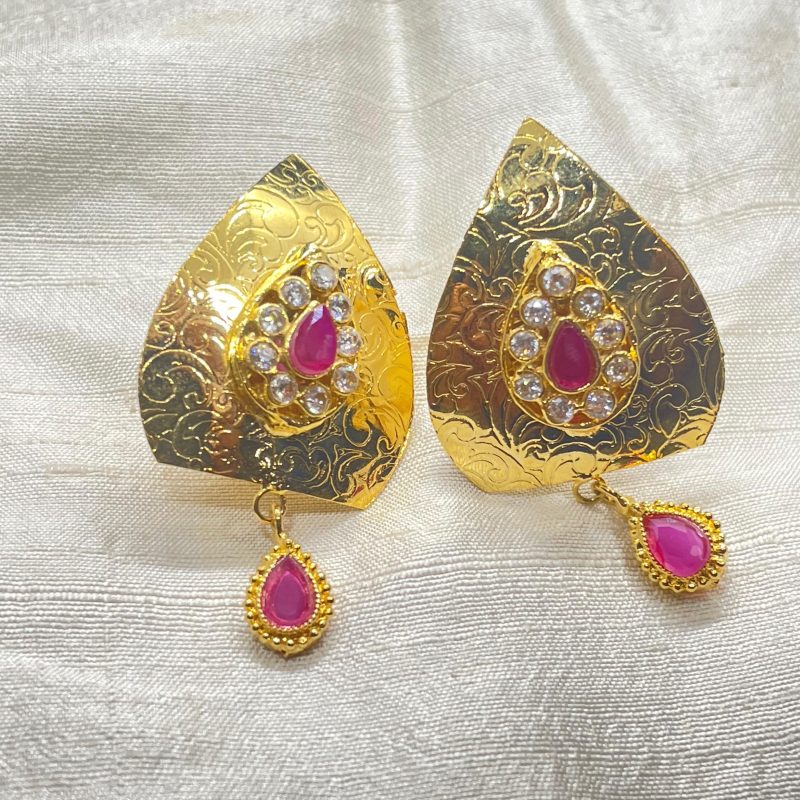 Gold Monstera Leaf Earrings in Red
