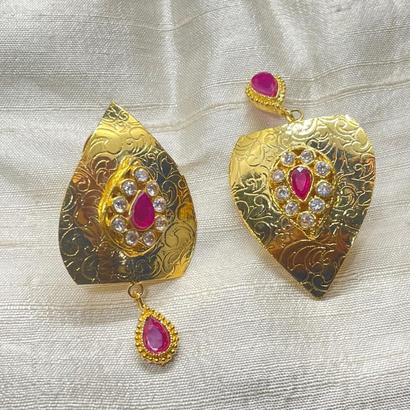 Gold Monstera Leaf Earrings in Red - Image 2