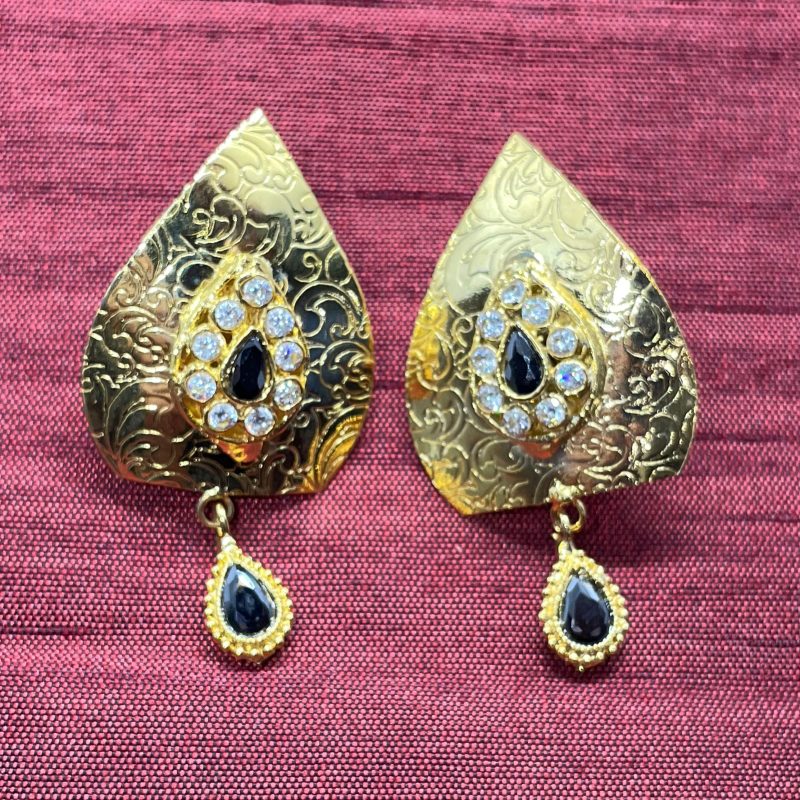 Gold Monstera Leaf Earrings in Blue